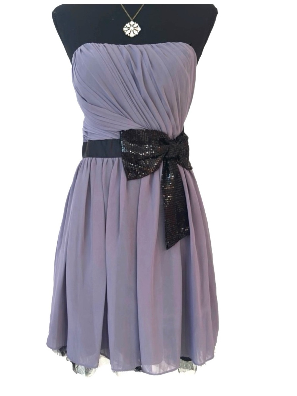 CITY TRIANGLES ~ Purple and Black Ruched Sequined Tie Front Strapless Dress